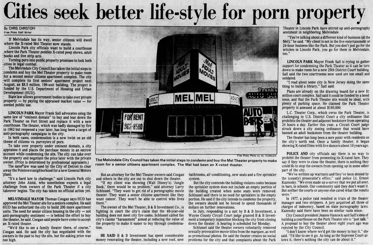 Mel Theatre - Sept 6 1984 Article On Porn Issue (newer photo)